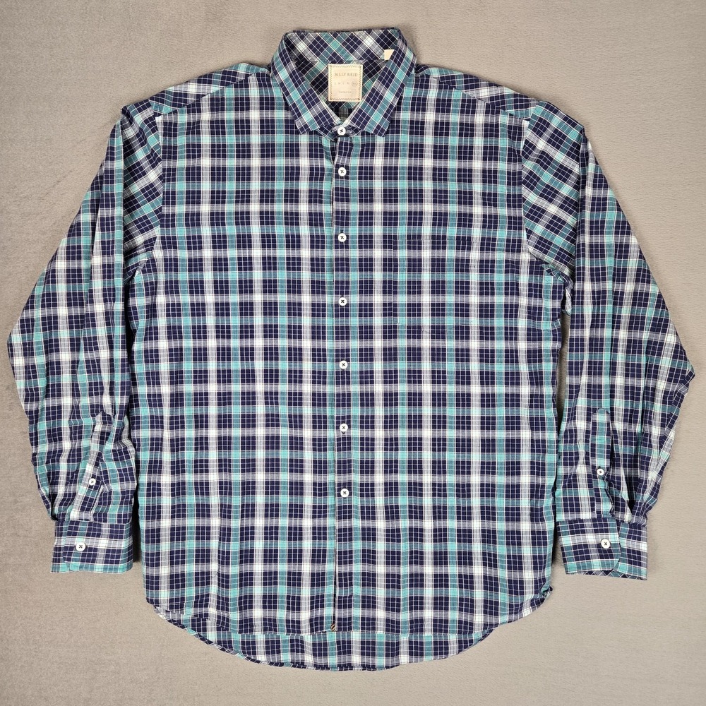 Billy Reid Shirt Mens 2XL Standard Cut Plaid Button Down Blue Green Lightweight